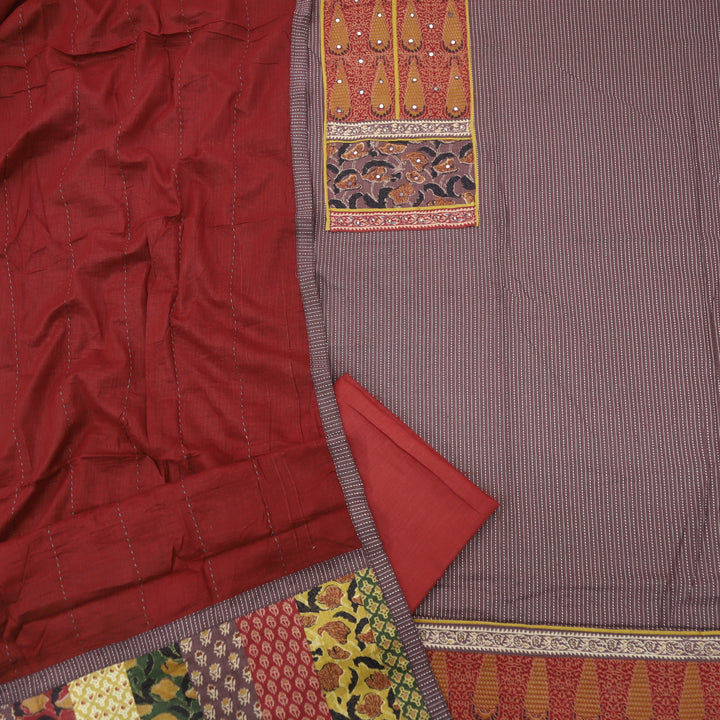 Chestnut Ajrak Work Kantha Cotton Top with Rust Red Plain Dupatta Set