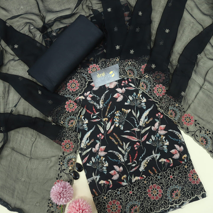 Black Floral Digital Printed Linen Top with Chiffon Dupatta Set