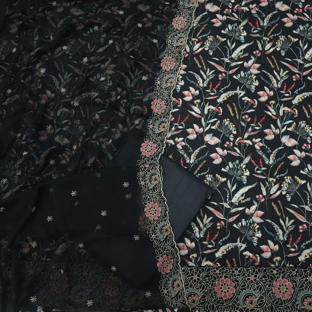 Black Floral Digital Printed Linen Top with Chiffon Dupatta Set