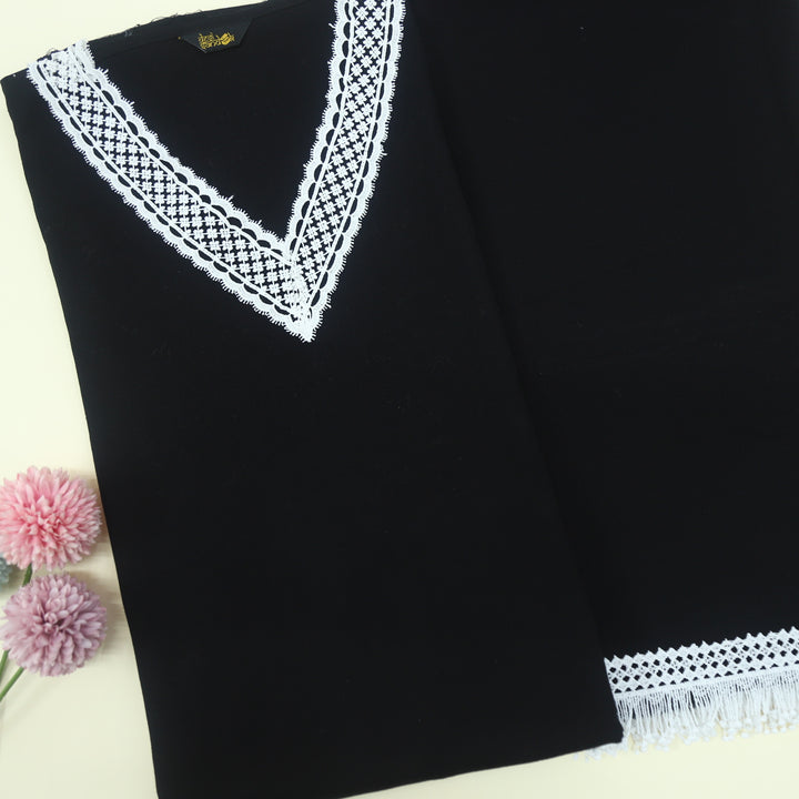 Black Lace Work V Neck Cotton Flex 2 Piece Set