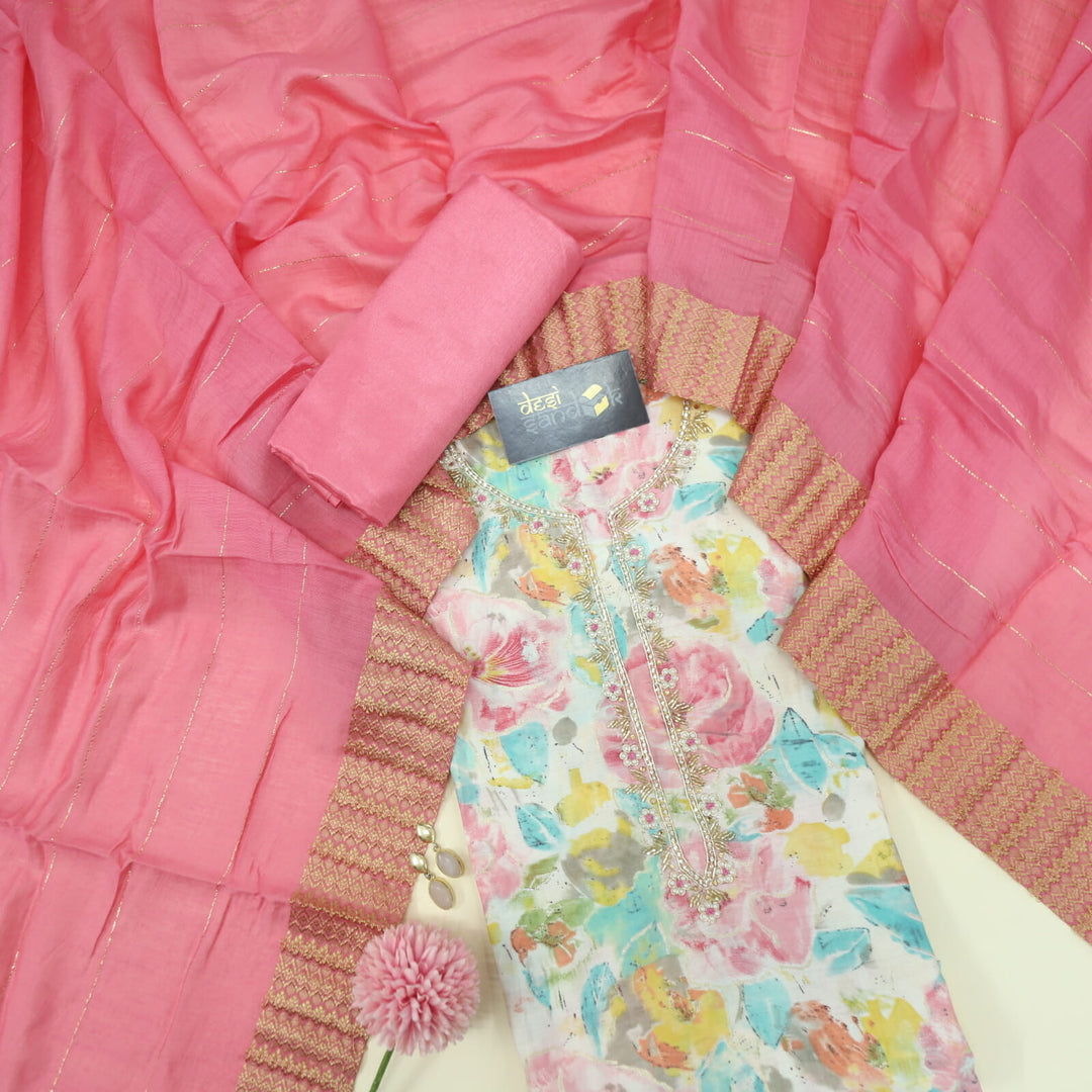 Colorful Embellished Neck Work Muslin Top with Plain Pink Muslin Dupatta Set