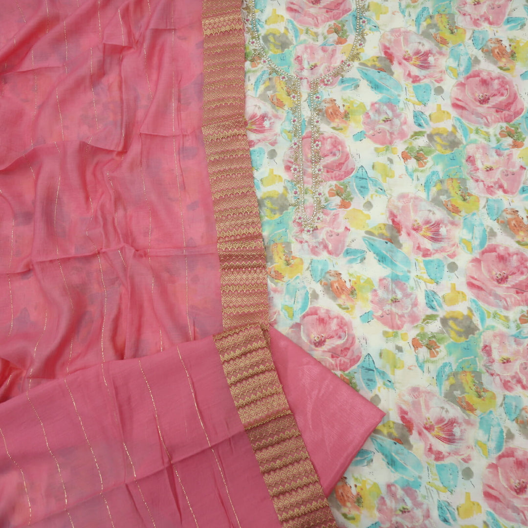 Colorful Embellished Neck Work Muslin Top with Plain Pink Muslin Dupatta Set