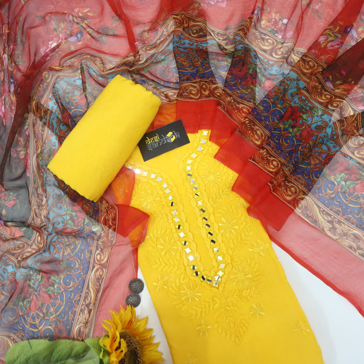 Bright Yellow Thread Neck Work Crepe Top with Floral Printed Chiffon Dupatta Set