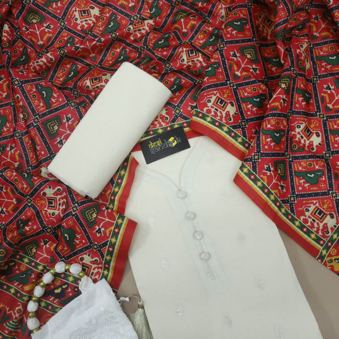 Cream White Cotton Top With Red Patola Print Dupatta Set