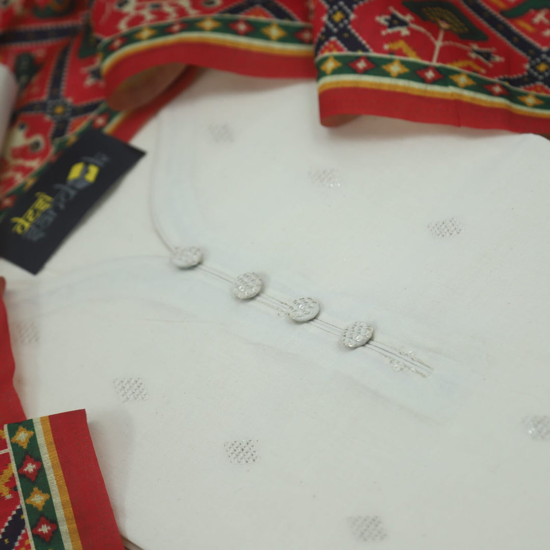 Cream White Cotton Top With Red Patola Print Dupatta Set