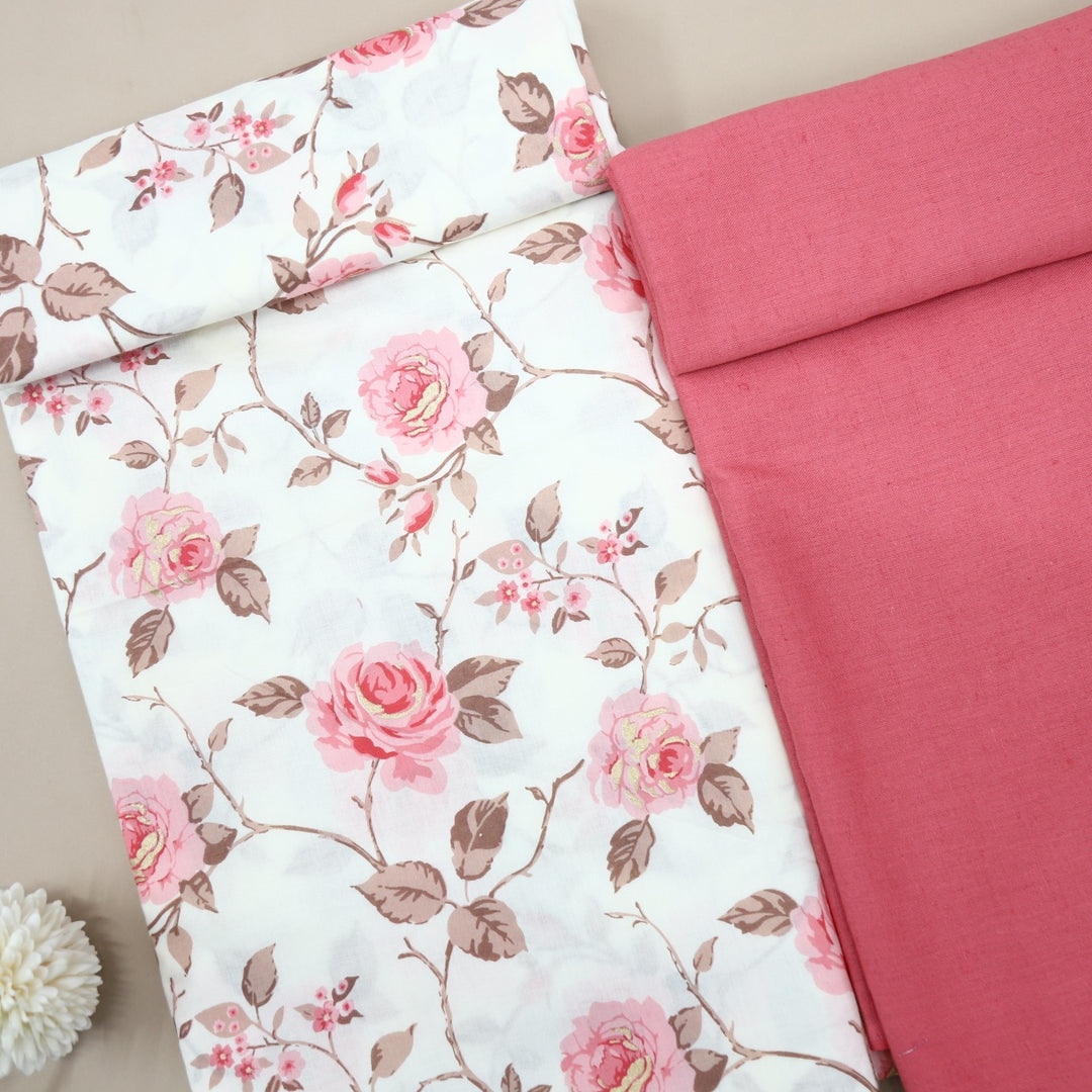 Cream and Pink Printed Cotton with Crimson Flax Cotton 2 Piece Fabric