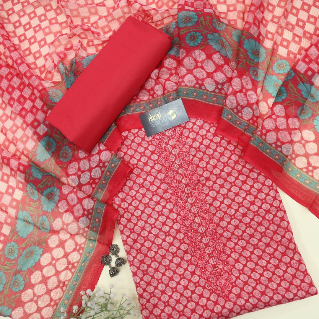 Cerise Pink Printed Jam Cotton Top with Printed Chiffon Dupatta Set