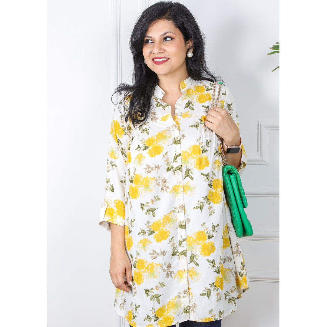 Cream and Yellow Floral Printed Rayon Fabric
