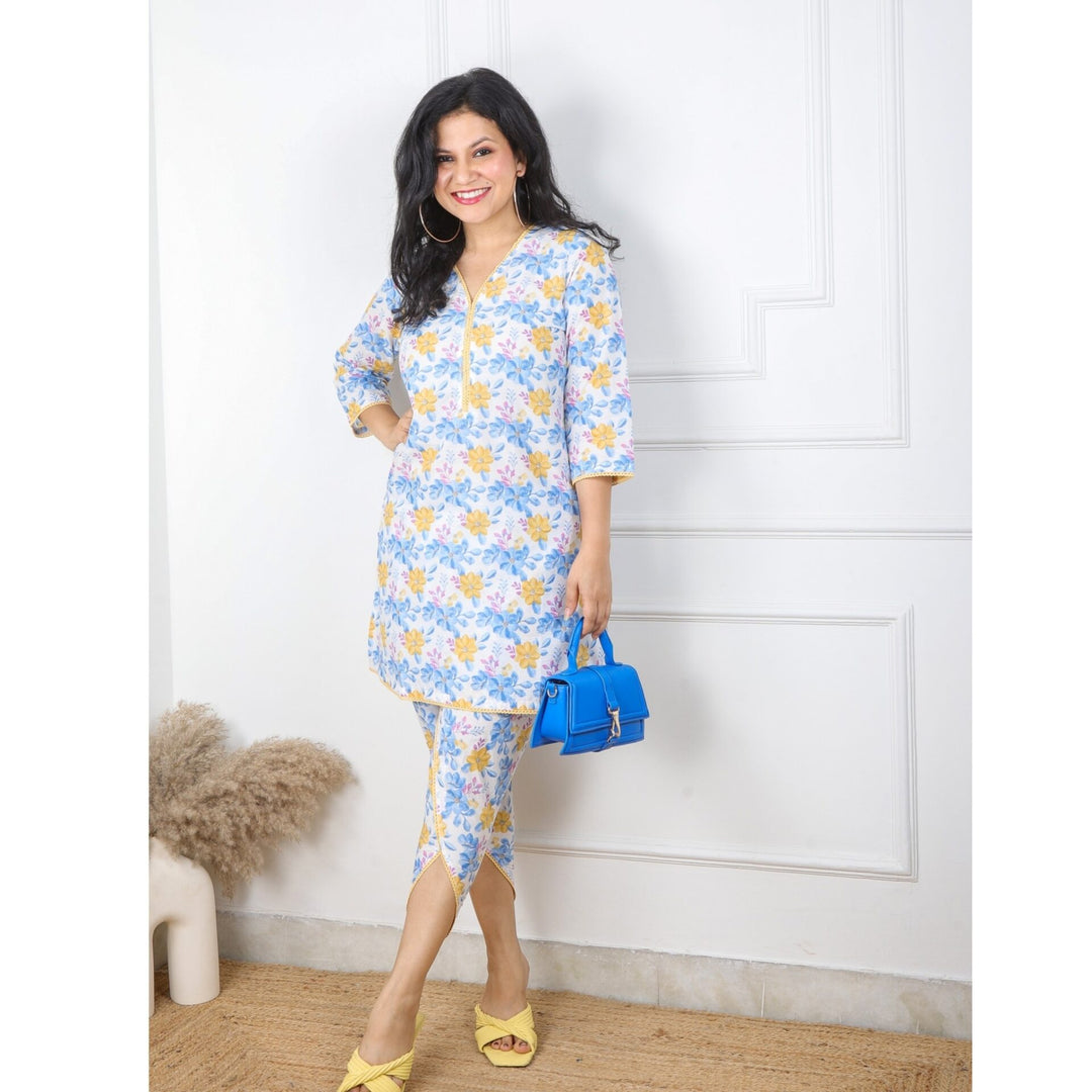 Cream and Blue Printed Cotton Co-ord Set