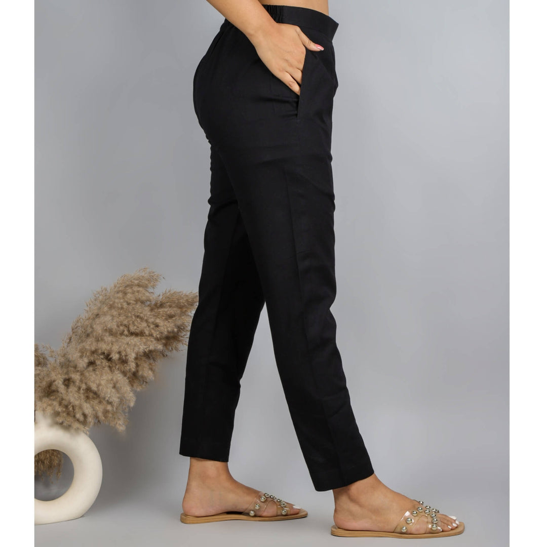 Black Plain Cotton Flex Trouser