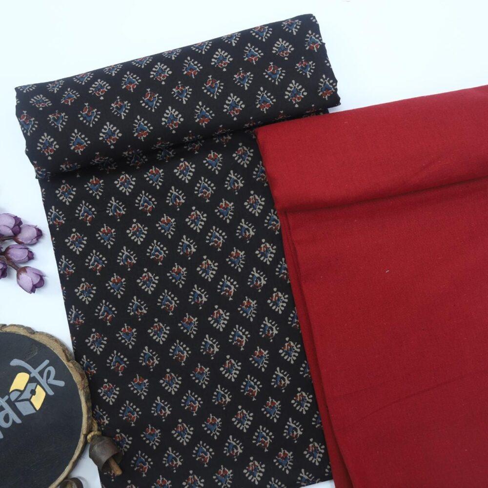 Black Printed Cotton Fabric- 2 with Maroon Flax Cotton Fabric