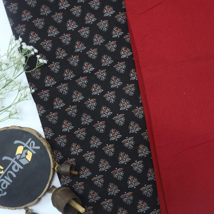 Black Printed Cotton Fabric 3 with Maroon Flax Cotton Fabric