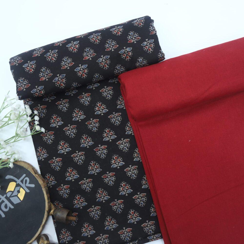 Black Printed Cotton Fabric 3 with Maroon Flax Cotton Fabric