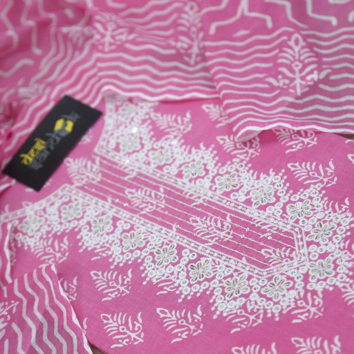 Bubblegum Pink Cotton Printed Top with Zig Zag Printed Dupatta Set