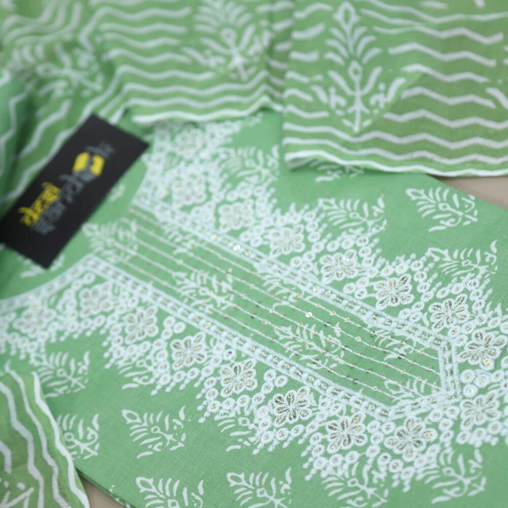 Apple Green Cotton Printed Top with Zig Zag Printed Dupatta Set