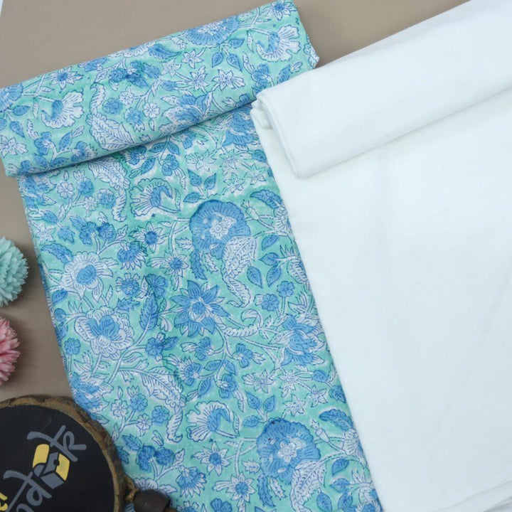 Aqua Blue Cotton Dobby Printed Fabric with White Cotton Flax