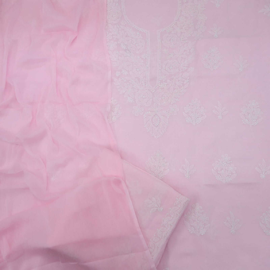Cherry Pink Authentic Chikankari Cotton Top with Chiffon Dupatta Set