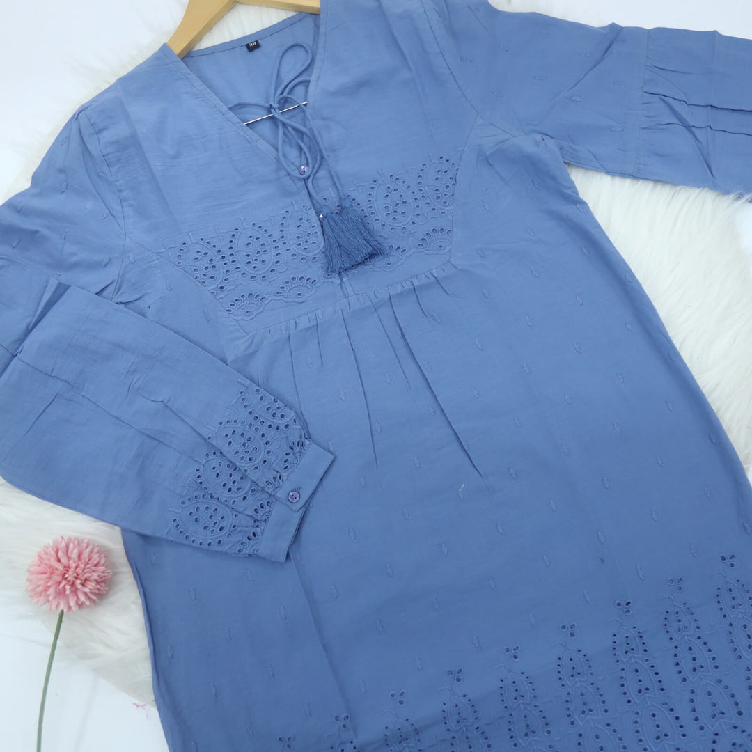 Cornflower Blue Schiffli Cotton Dobby Short Dress