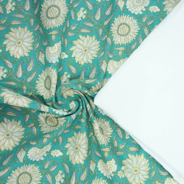 Cadium Green Printed Cotton Fabric with Cream Flex
