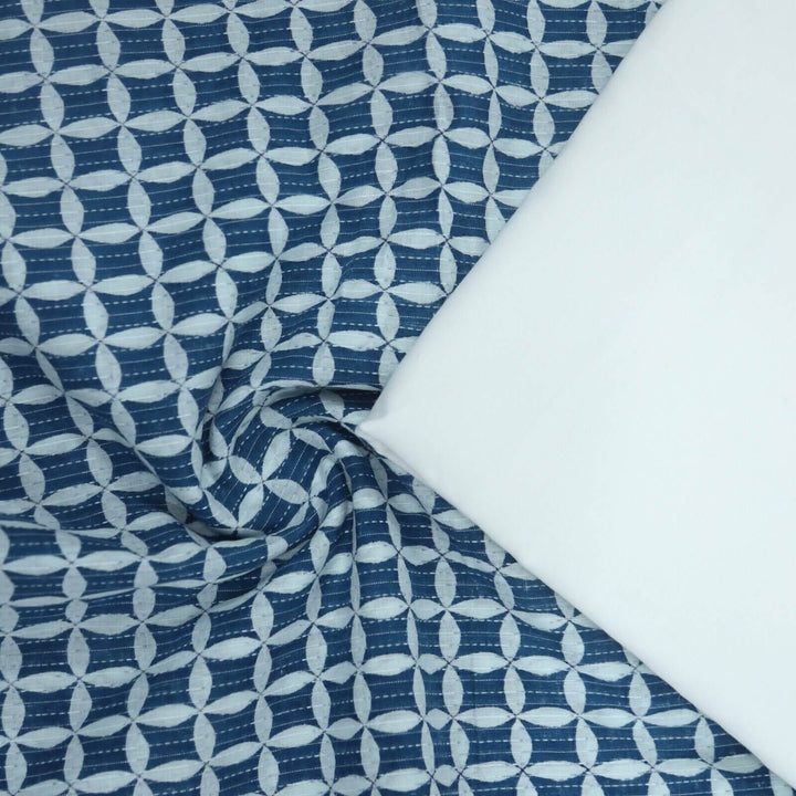 Cobalt Blue Printed Kantha Cotton Fabric with Cream Flex
