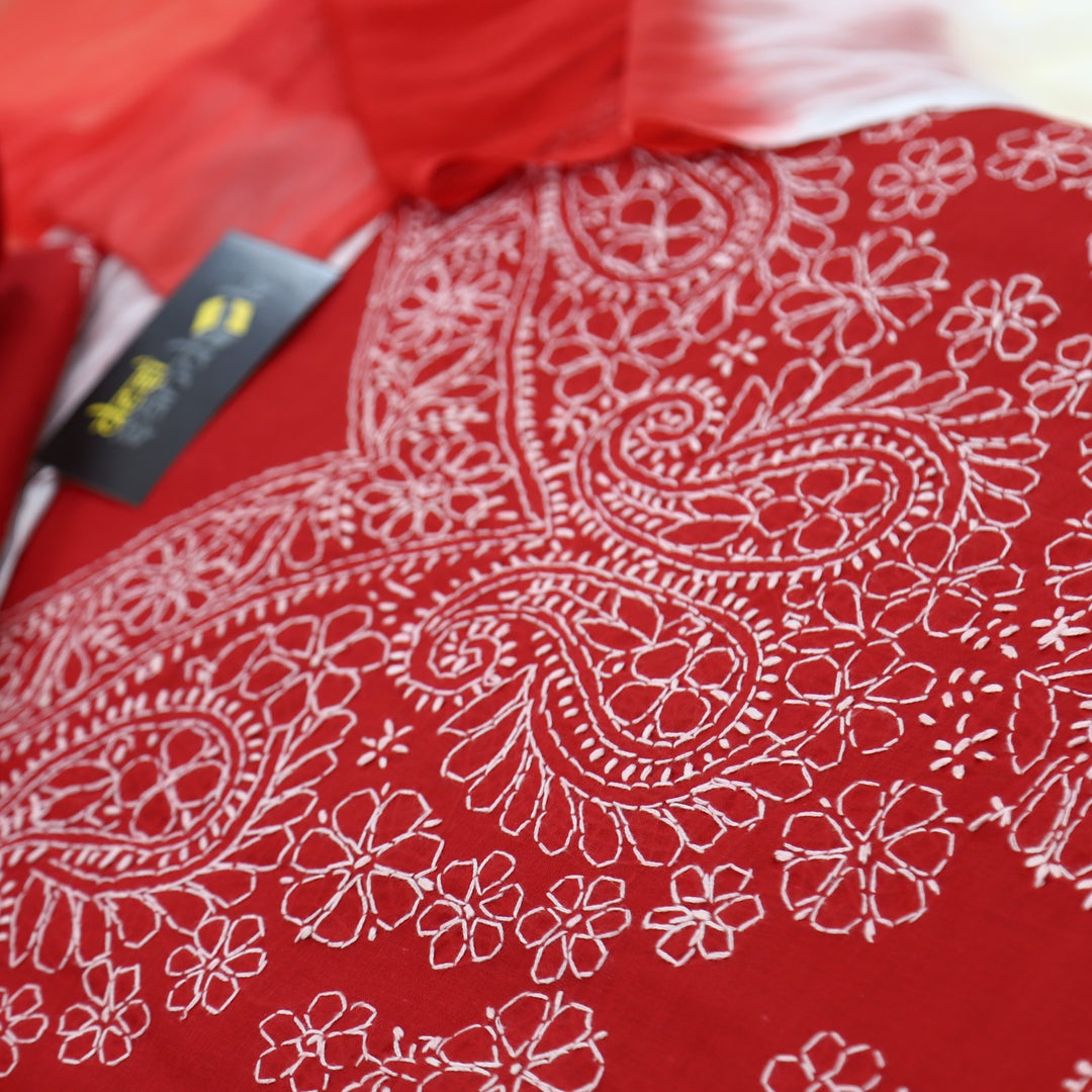 Berry Red Authentic Chikankari Cotton Top with Chiffon Dupatta Set