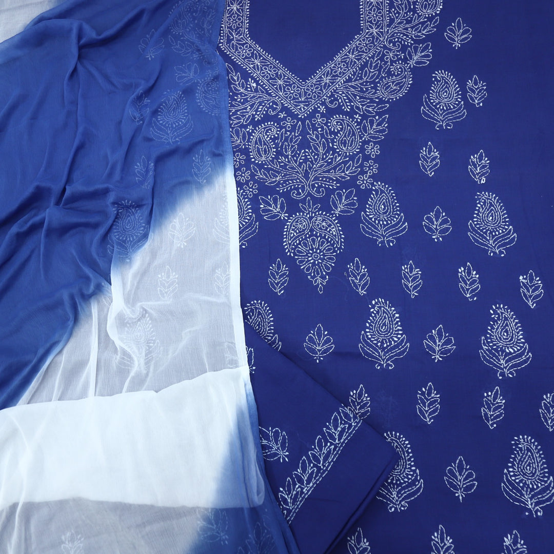 Berry Blue Authentic Chikankari Cotton Top with Chiffon Dupatta Set