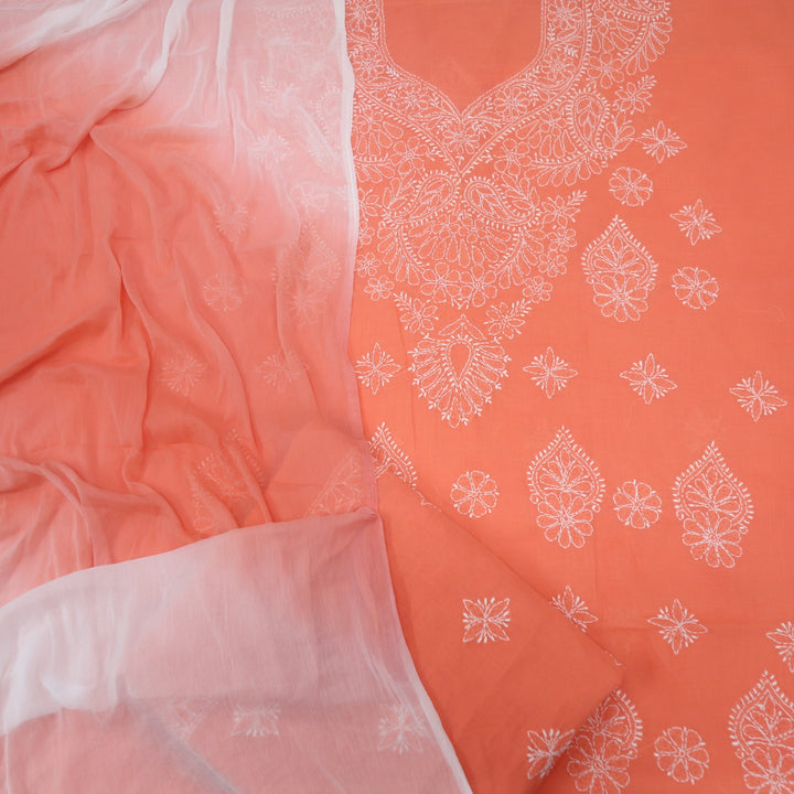 Coral Orange Authentic Chikankari Cotton Top with Chiffon Dupatta Set