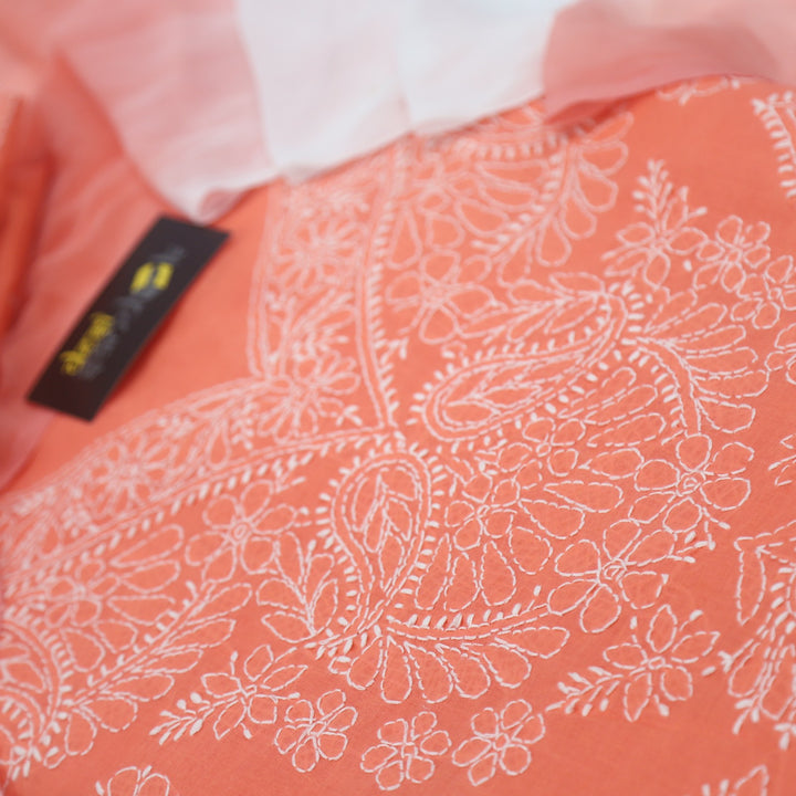 Coral Orange Authentic Chikankari Cotton Top with Chiffon Dupatta Set