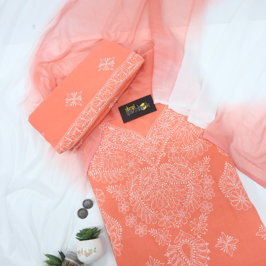 Coral Orange Authentic Chikankari Cotton Top with Chiffon Dupatta Set