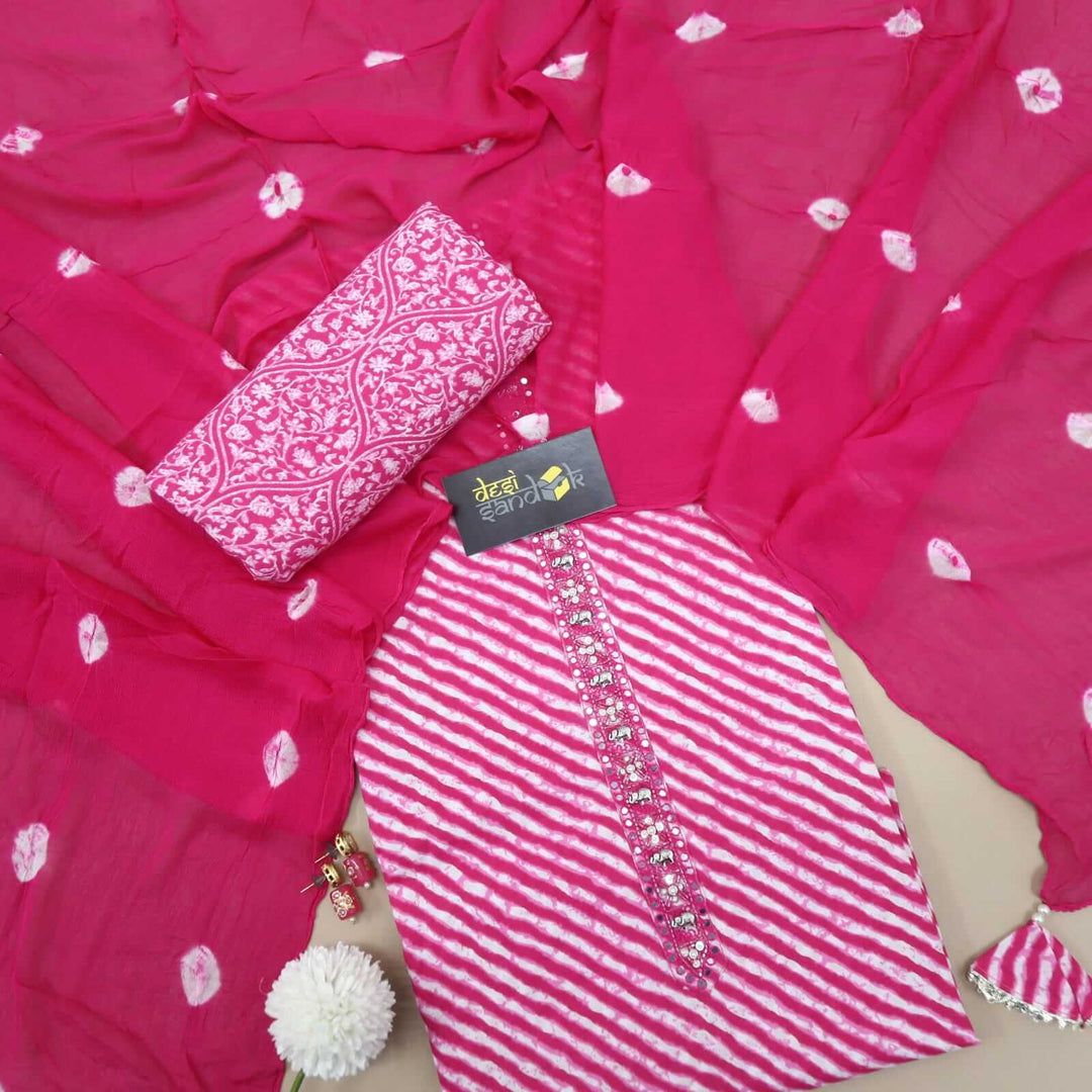 Bright Pink Leheriya Printed Cotton Top with Bandhej Printed Chiffon Dupatta Set