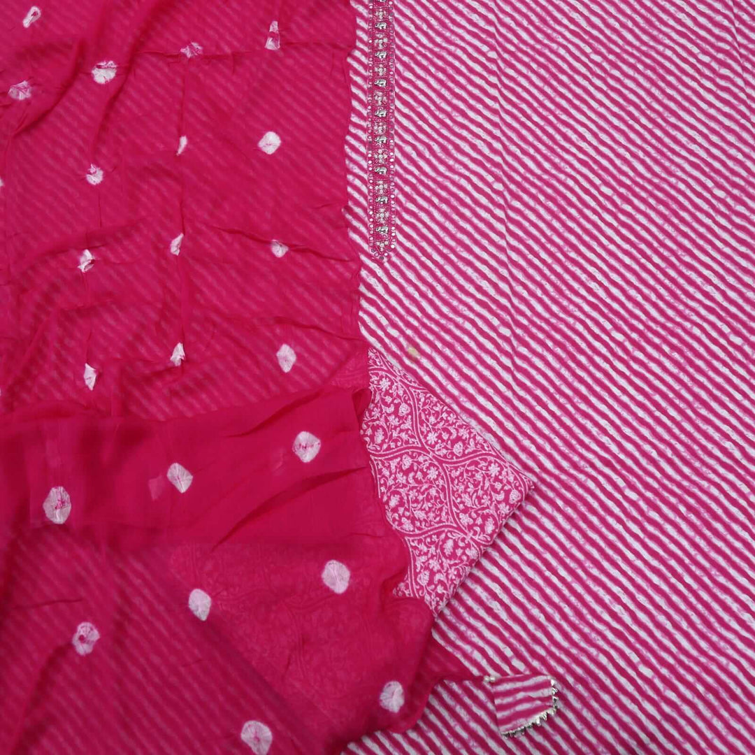 Bright Pink Leheriya Printed Cotton Top with Bandhej Printed Chiffon Dupatta Set